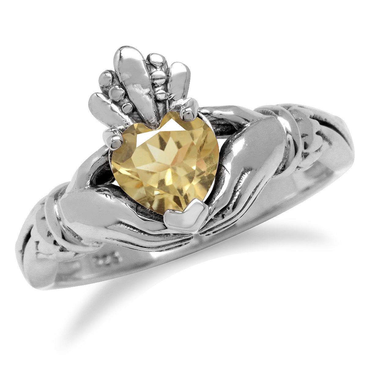 Natural Heart Shape Citrine Irish Claddagh 925 Sterling Silver Ring silvershake