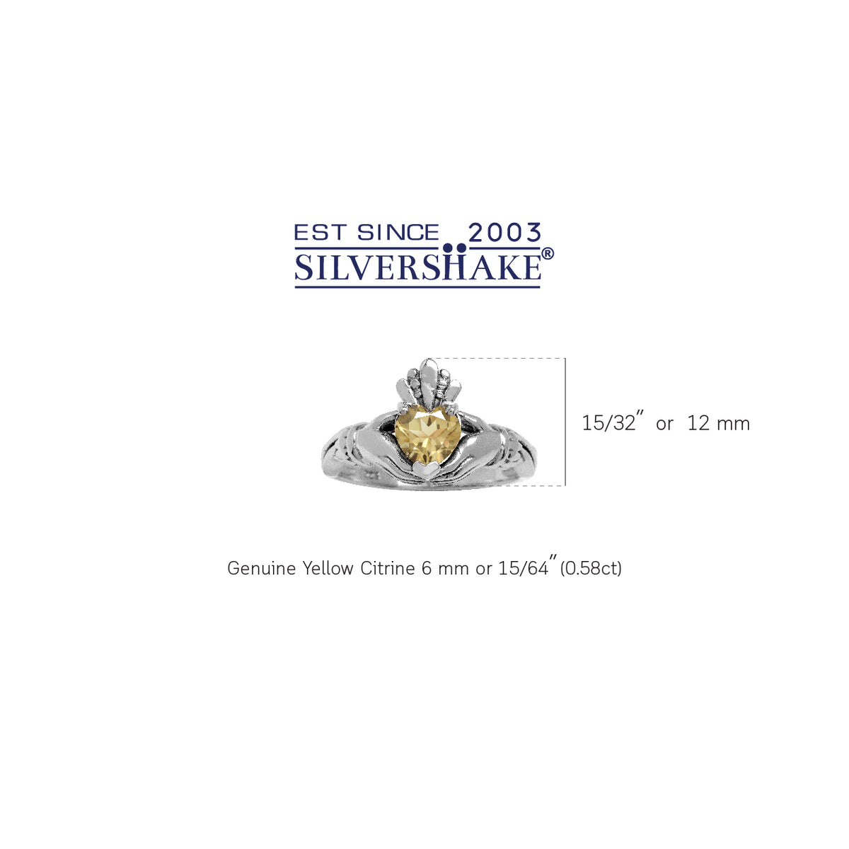 Natural Heart Shape Citrine Irish Claddagh 925 Sterling Silver Ring silvershake