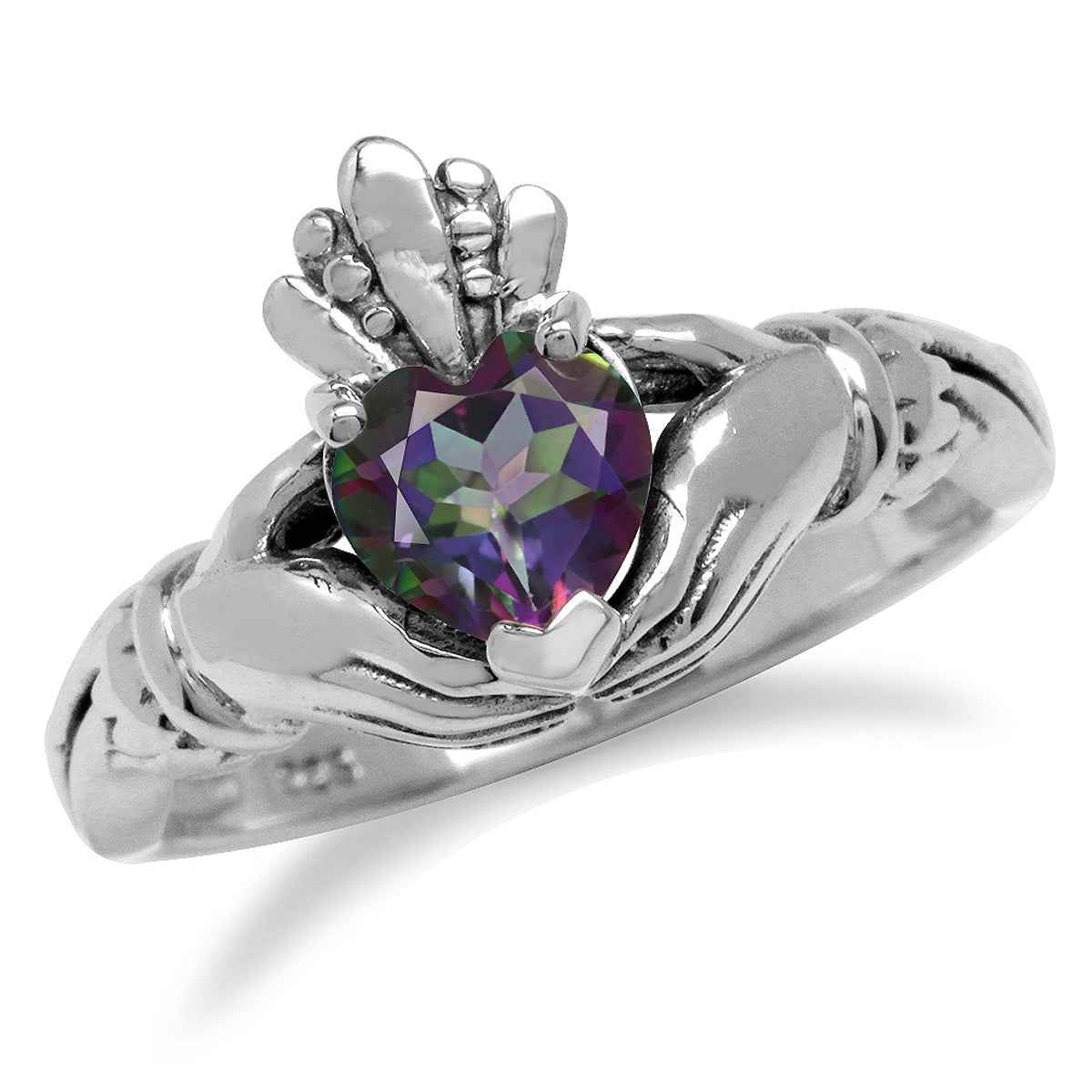 Heart Shape Mystic Fire Topaz Irish Claddagh 925 Sterling Silver Ring