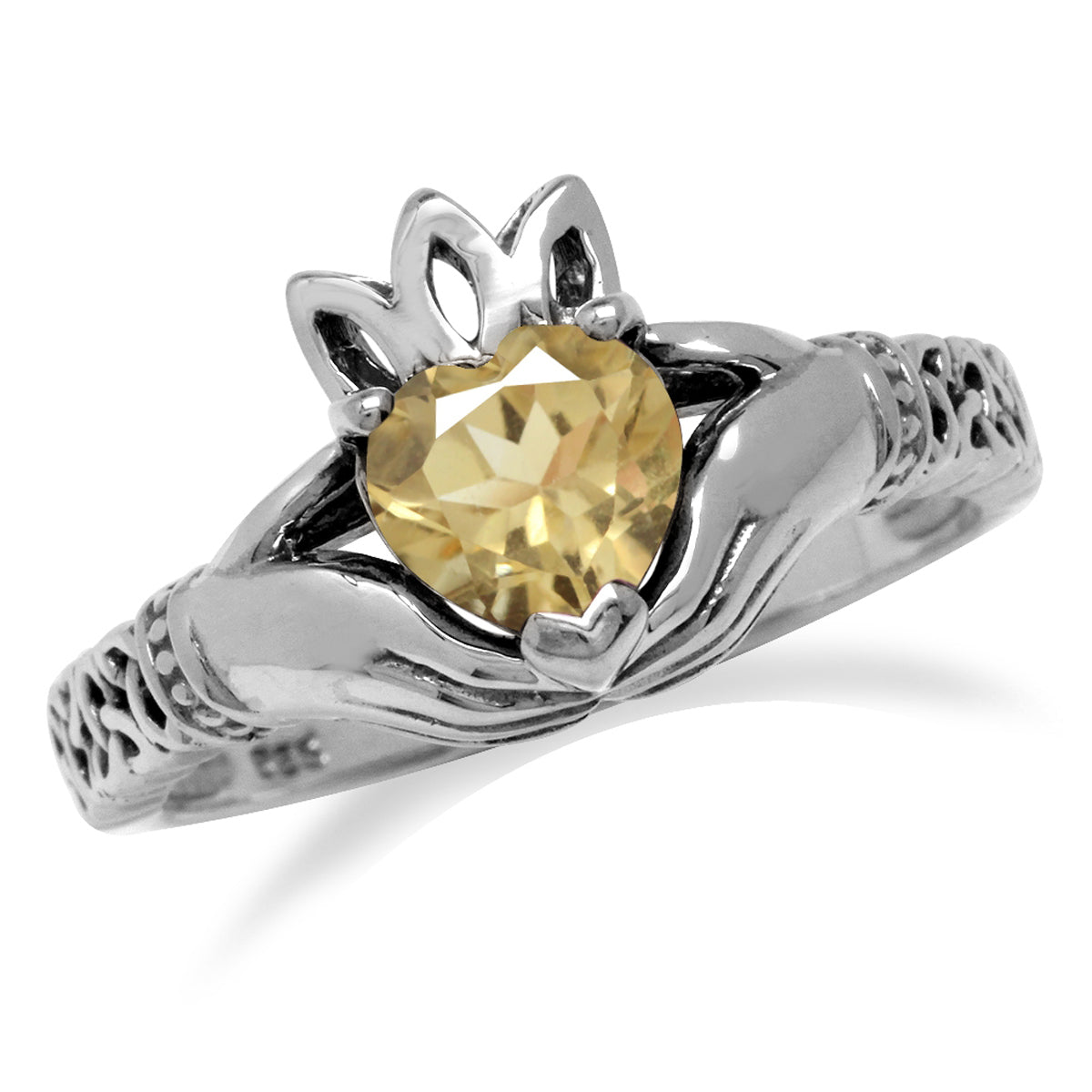 Natural Heart Shape Citrine 925 Sterling Silver Irish Claddagh & Triquetra Celtic Knot Ring silvershake