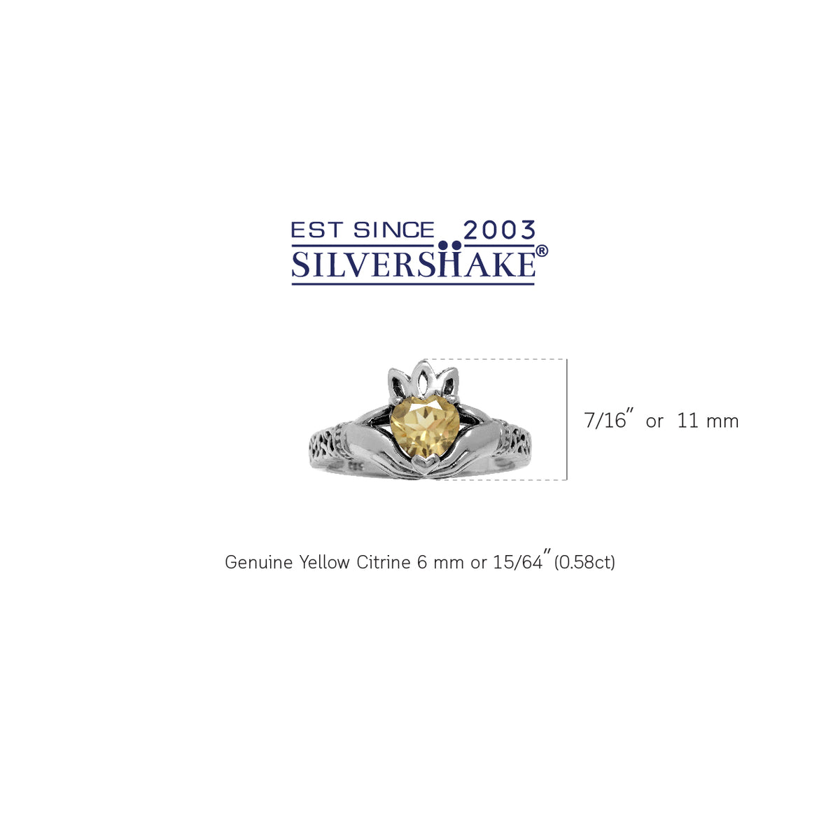 Natural Heart Shape Citrine 925 Sterling Silver Irish Claddagh & Triquetra Celtic Knot Ring silvershake