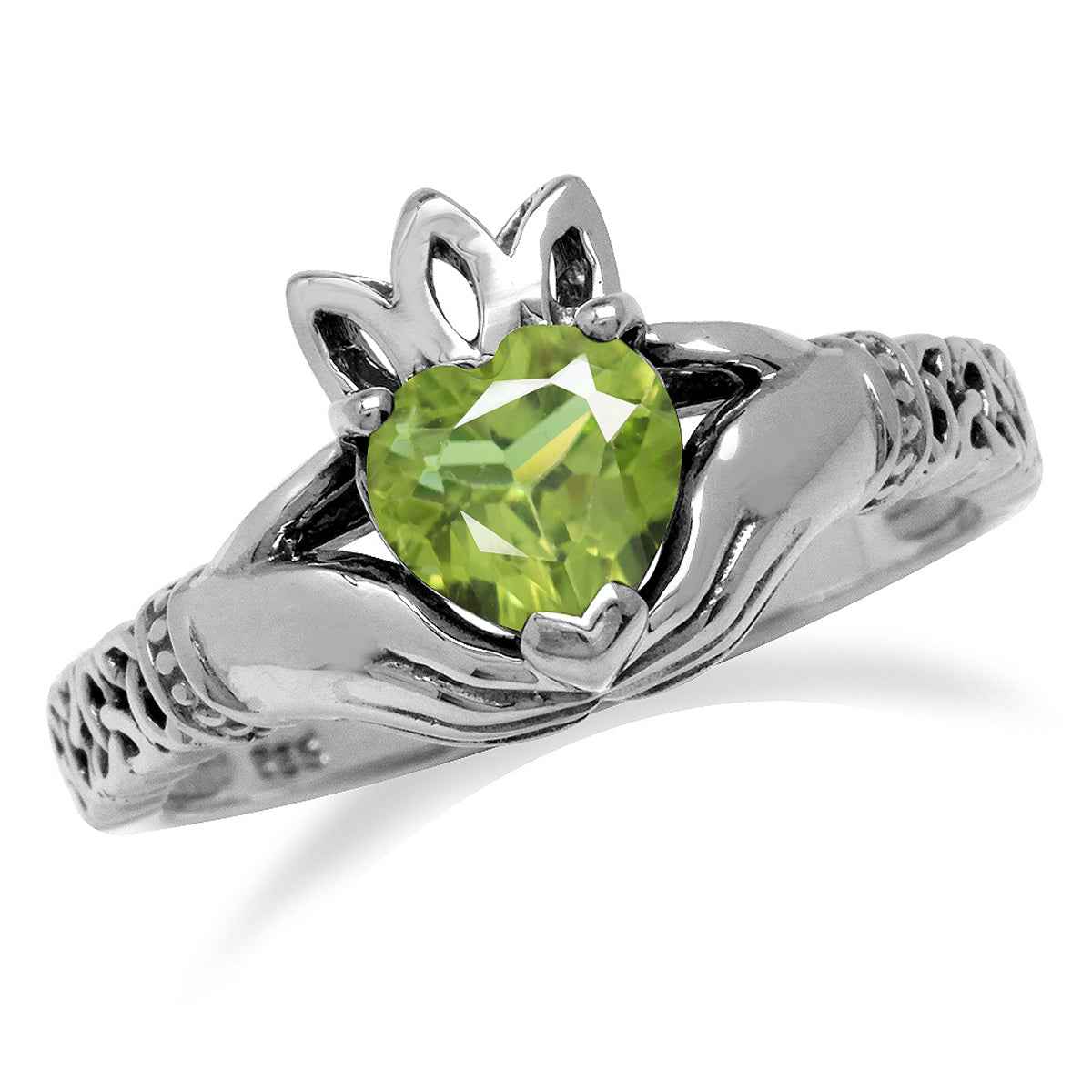 Natural Heart Shape Peridot 925 Sterling Silver Irish Claddagh and Triquetra Celtic Knot Ring
