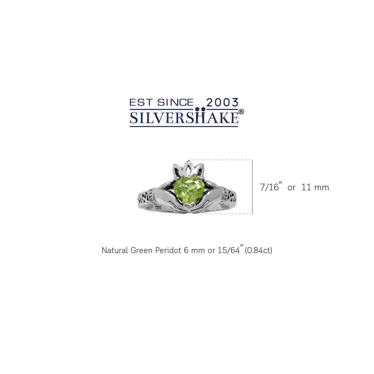 Natural Heart Shape Peridot 925 Sterling Silver Irish Claddagh and Triquetra Celtic Knot Ring
