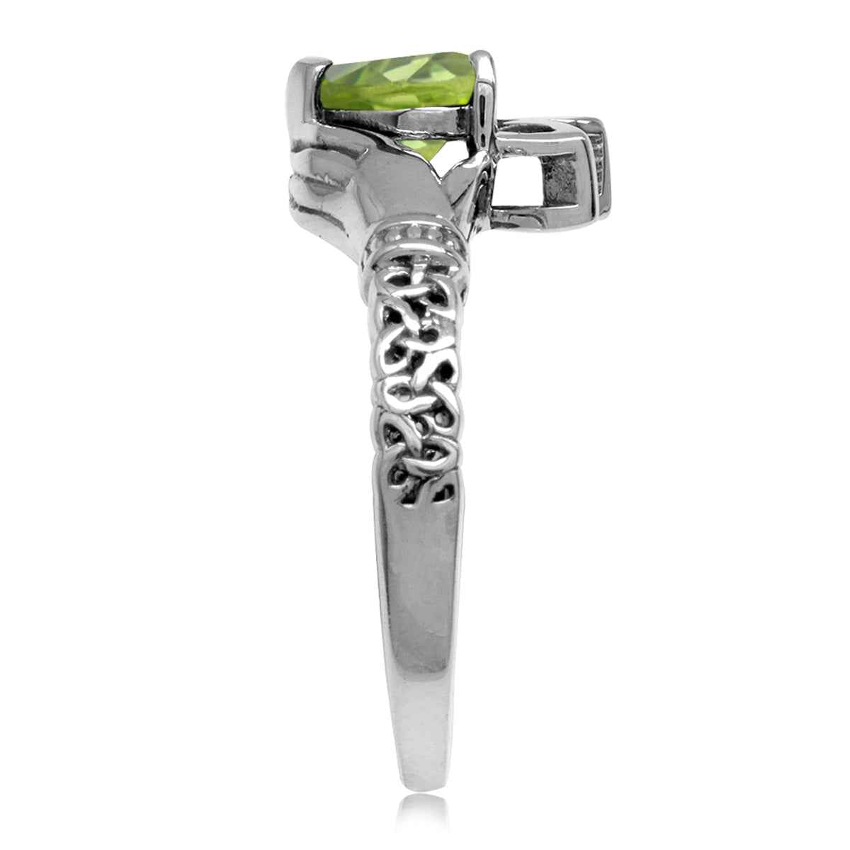 Natural Heart Shape Peridot 925 Sterling Silver Irish Claddagh and Triquetra Celtic Knot Ring