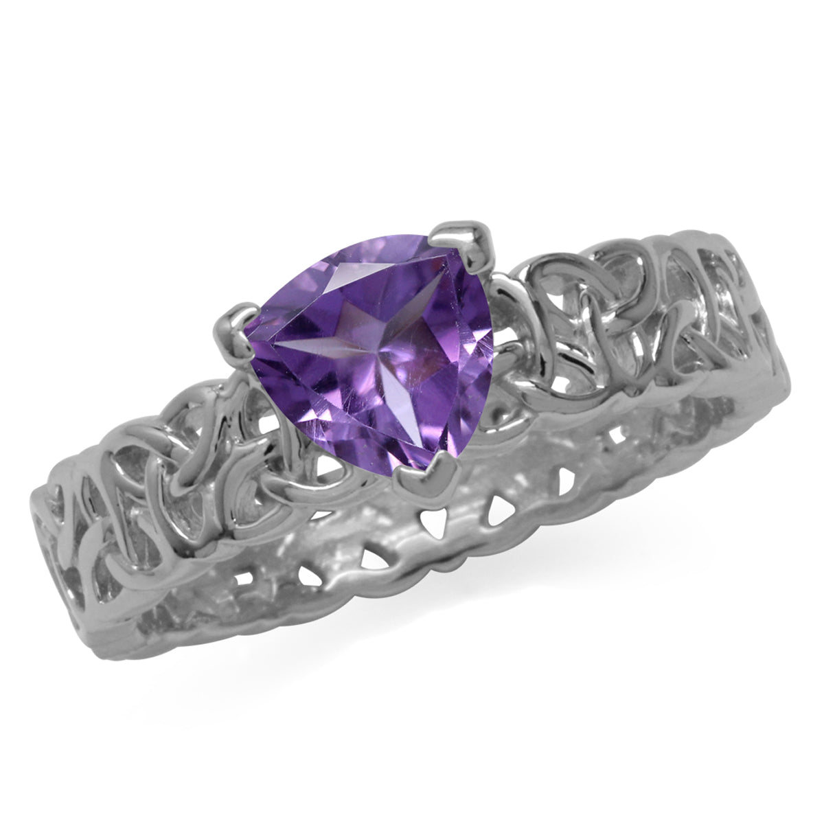 Natural Trillion Shape Amethyst 925 Sterling Silver Triquetra Celtic Knot Eternity Ring