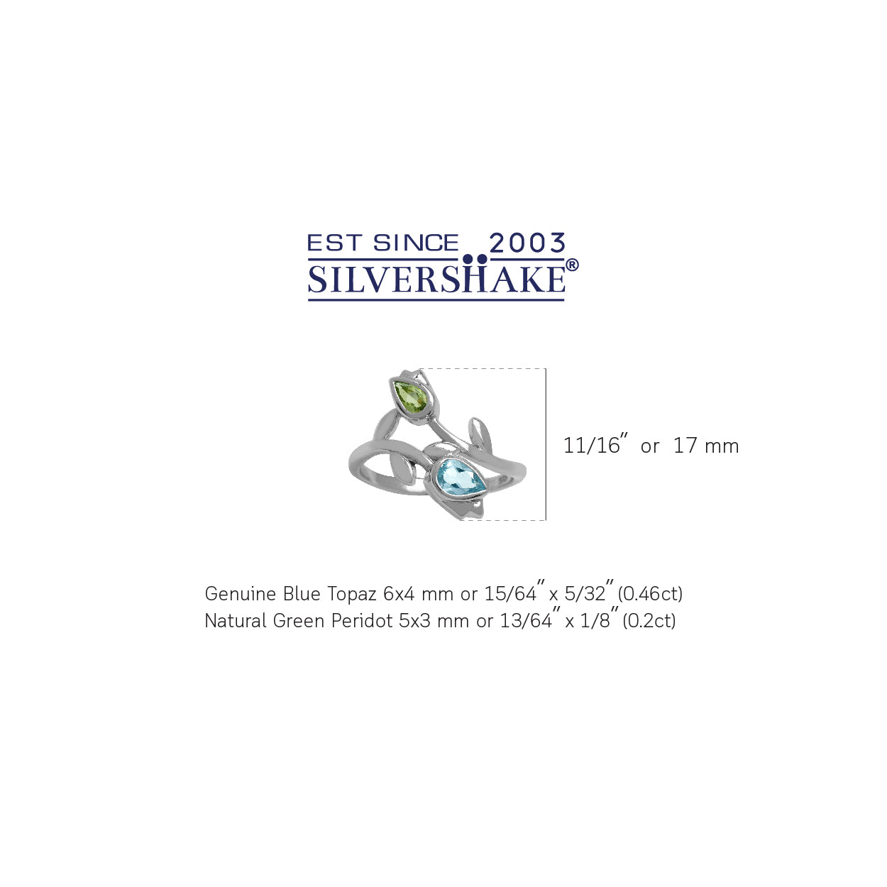 Genuine Blue Topaz and Peridot White Gold Plated 925 Sterling Silver Tulip Flower Ring - Silvershake-store