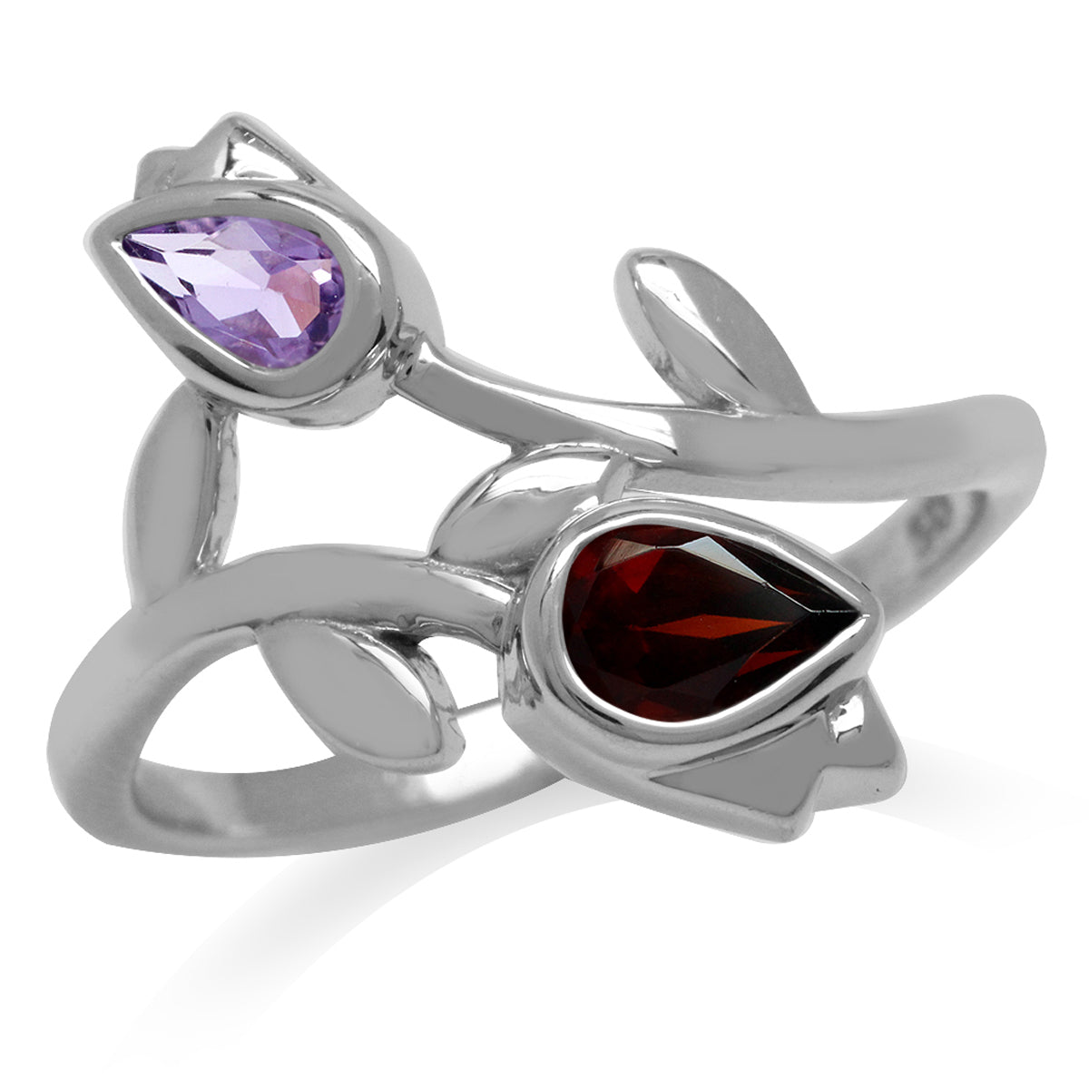 Natural Garnet and Amethyst White Gold Plated 925 Sterling Silver Tulip Flower Ring - Silvershake-store