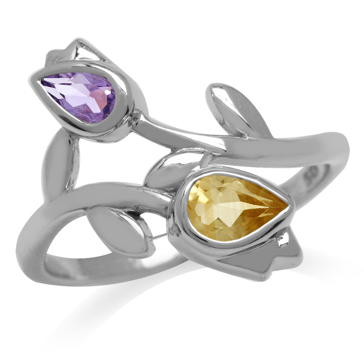 Genuine Amethyst and Citrine White Gold Plated 925 Sterling Silver Tulip Flower Ring - Silvershake-store