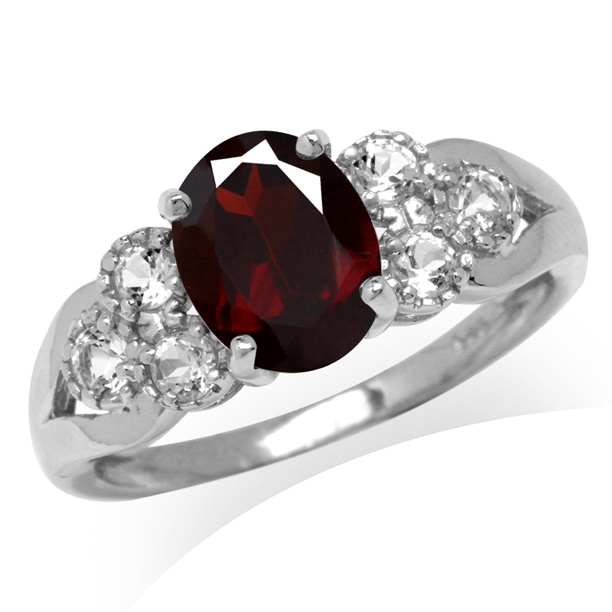 2.05ct. 9X7mm Natural Oval Shape Garnet and White Topaz 925 Sterling Silver Engagement Ring - Silvershake-store