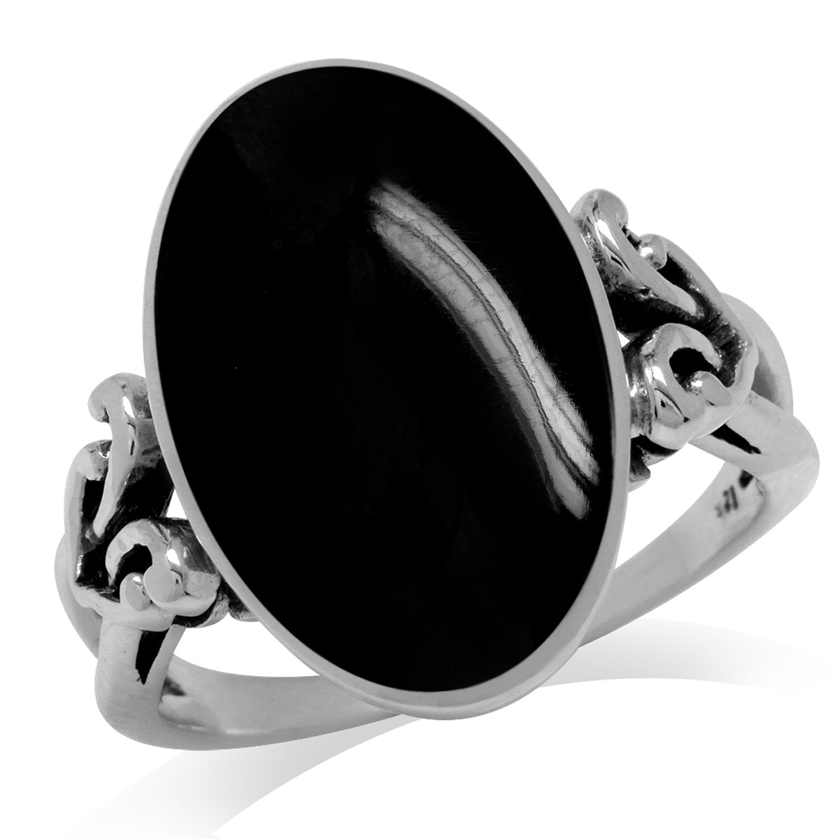 Oval Shape Inlay Created Onyx 925 Sterling Silver Victorian Style Heart Knot Ring silvershake