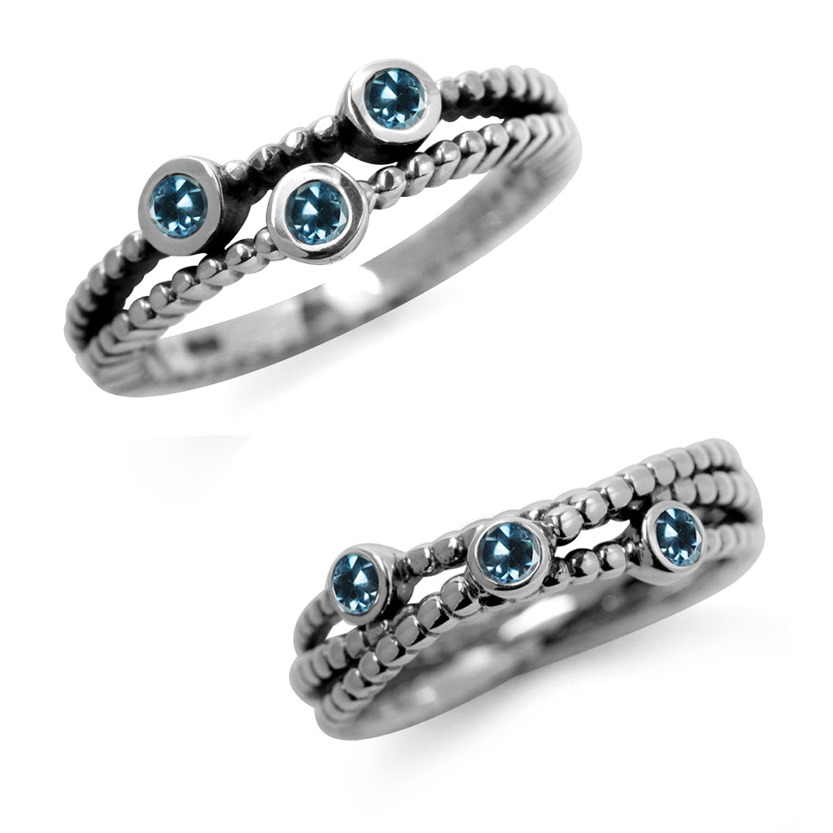 3-Stone Genuine London Blue Topaz 925 Sterling Silver 2-Pc Set Stack/Stackable Ring silvershake