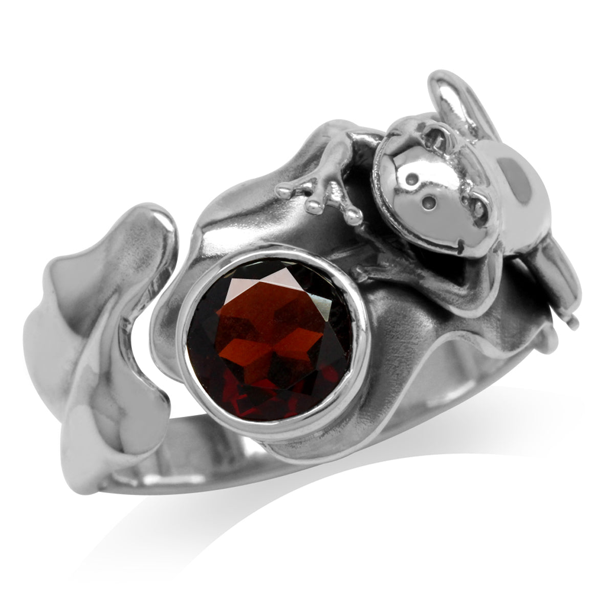 1.36ct. Natural Garnet 925 Sterling Silver Lotus Leaf and Frog Ring