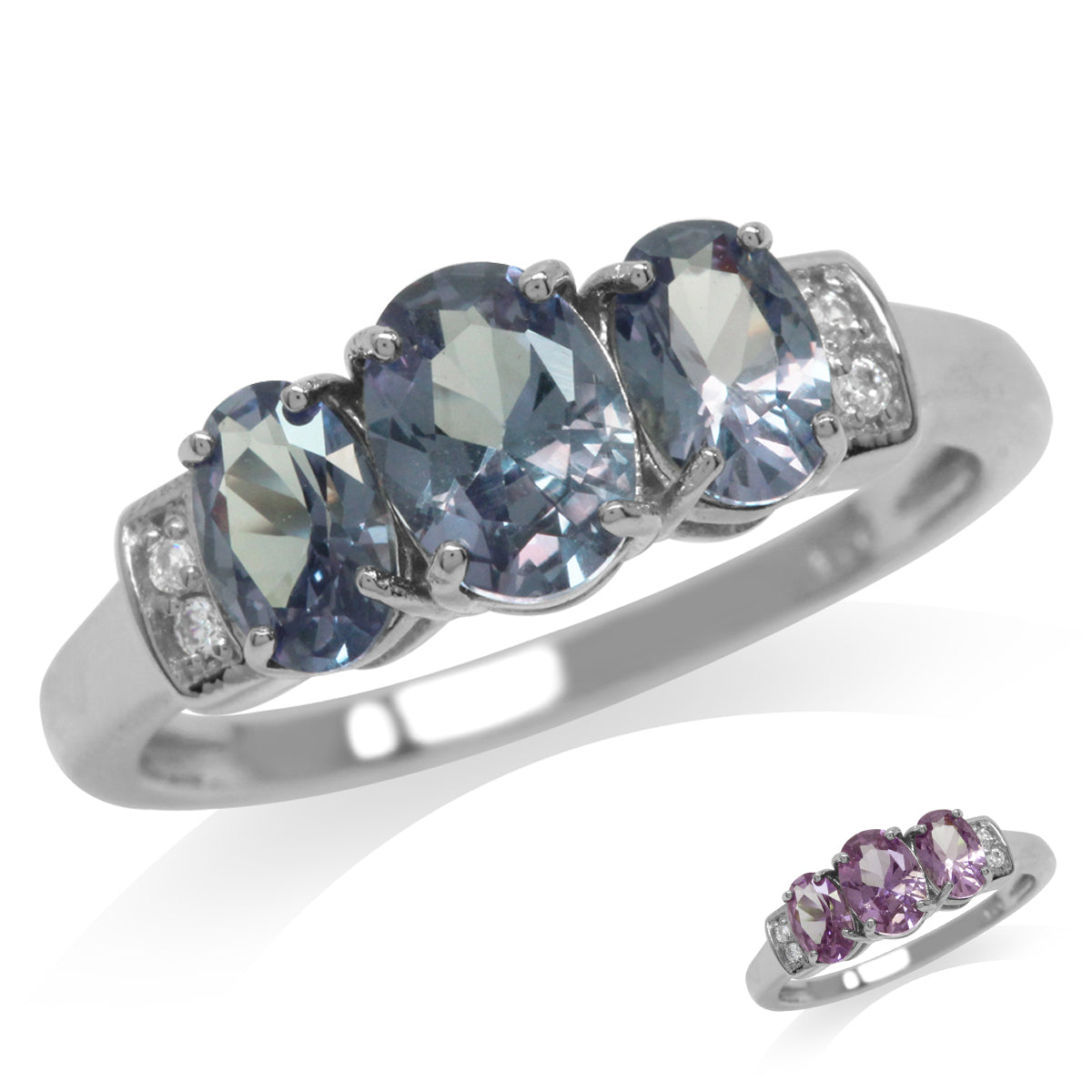 3-Stone Simulated Color Change Alexandrite & White CZ 925 Sterling Silver Ring silvershake