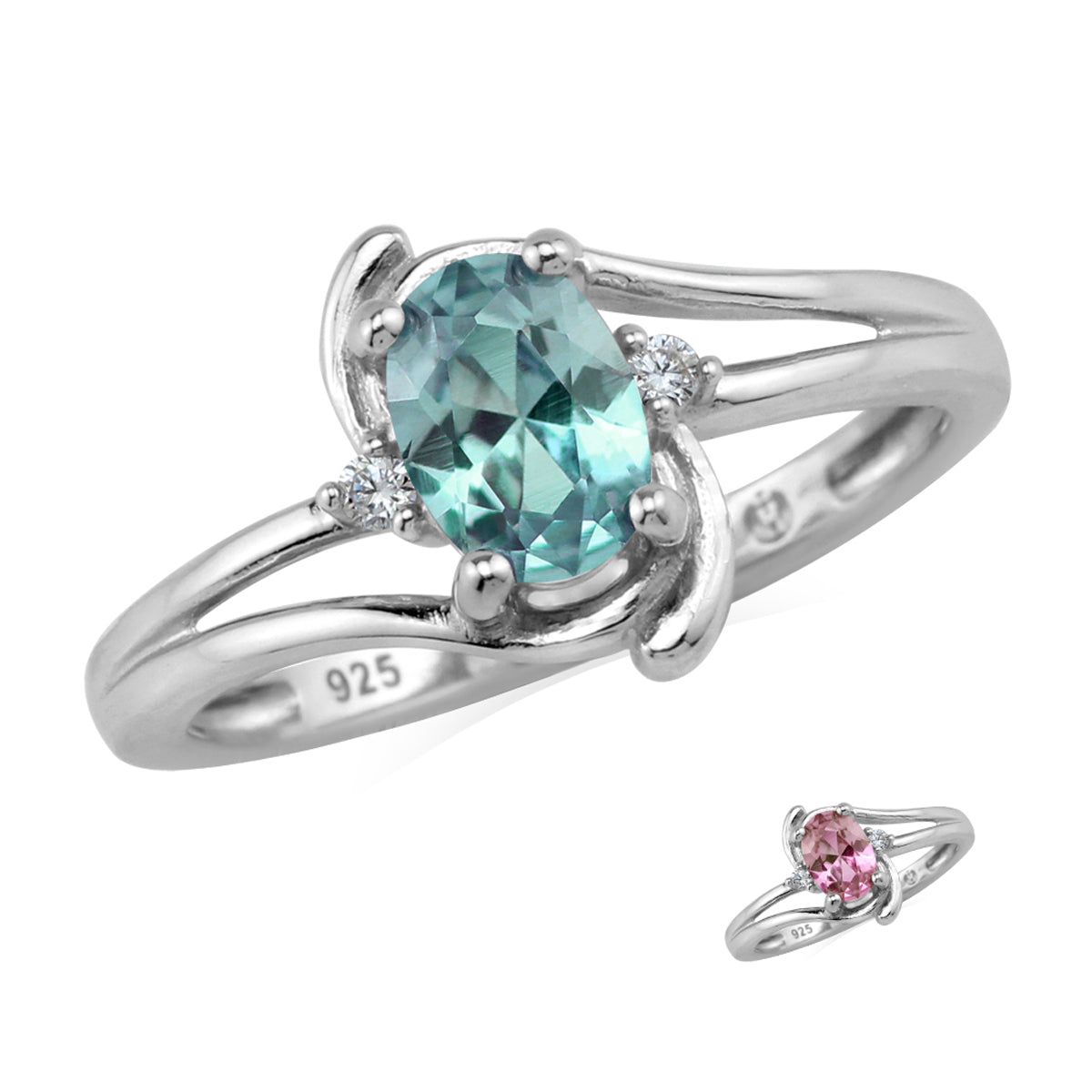 7X5mm Oval Shape Simulated Color Change Alexandrite and White Cubic Zirconia 925 Sterling Silver Engagement Ring - Silvershake-store