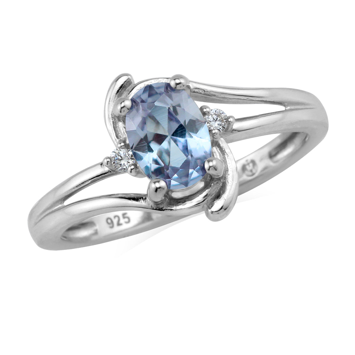 7X5mm Oval Shape Simulated Color Change Alexandrite and White Cubic Zirconia 925 Sterling Silver Engagement Ring - Silvershake-store