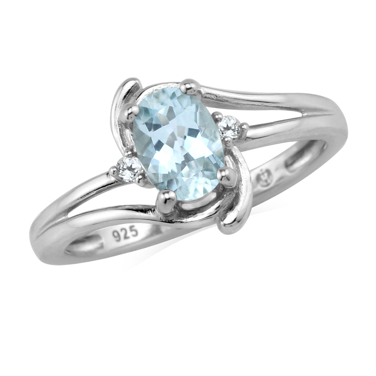 7X5mm Genuine Oval Shape Aquamarine and White Topaz 925 Sterling Silver Ring - Silvershake-store