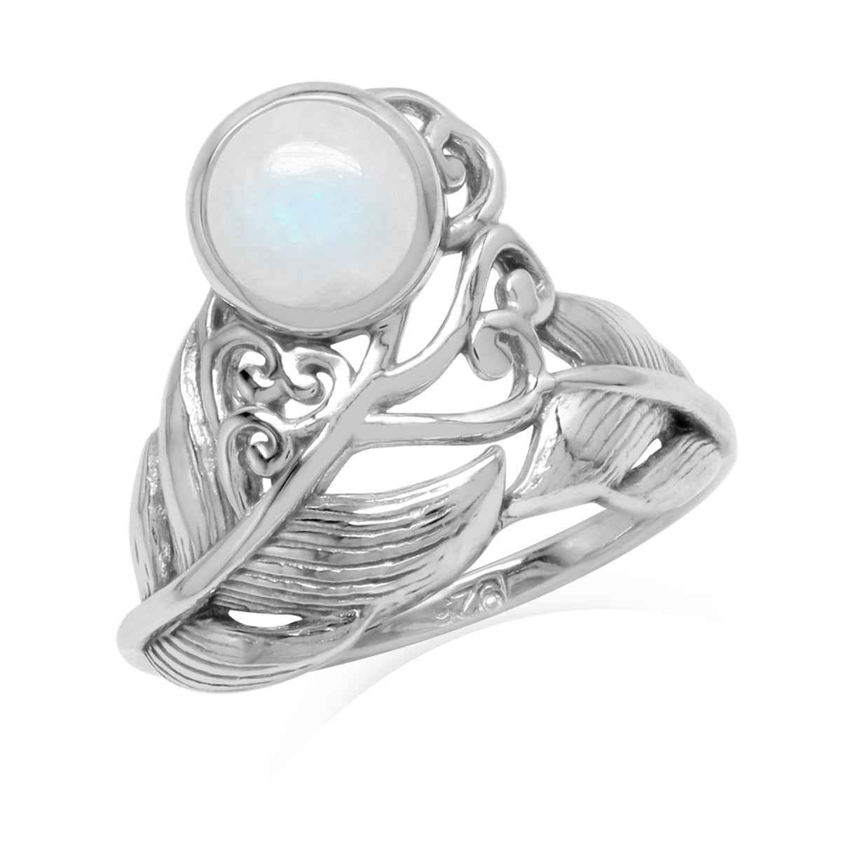 6MM Natural Round Shape Rainbow Moonstone White Gold Plated 925 Sterling Silver Feather Victorian Style Ring