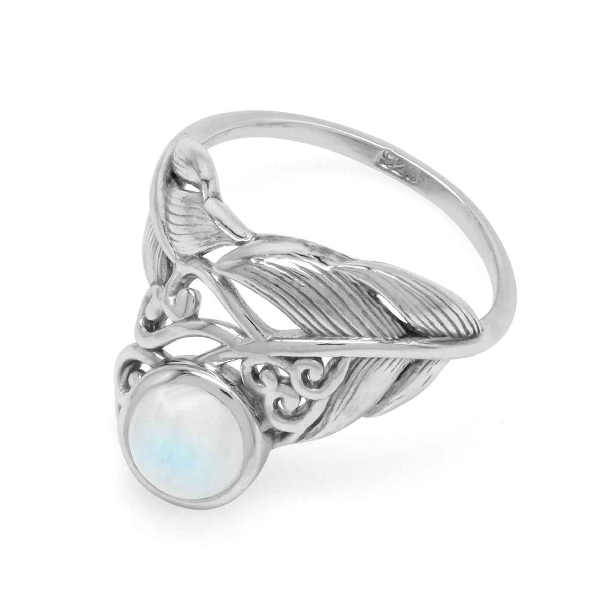 6MM Natural Round Shape Rainbow Moonstone White Gold Plated 925 Sterling Silver Feather Victorian Style Ring