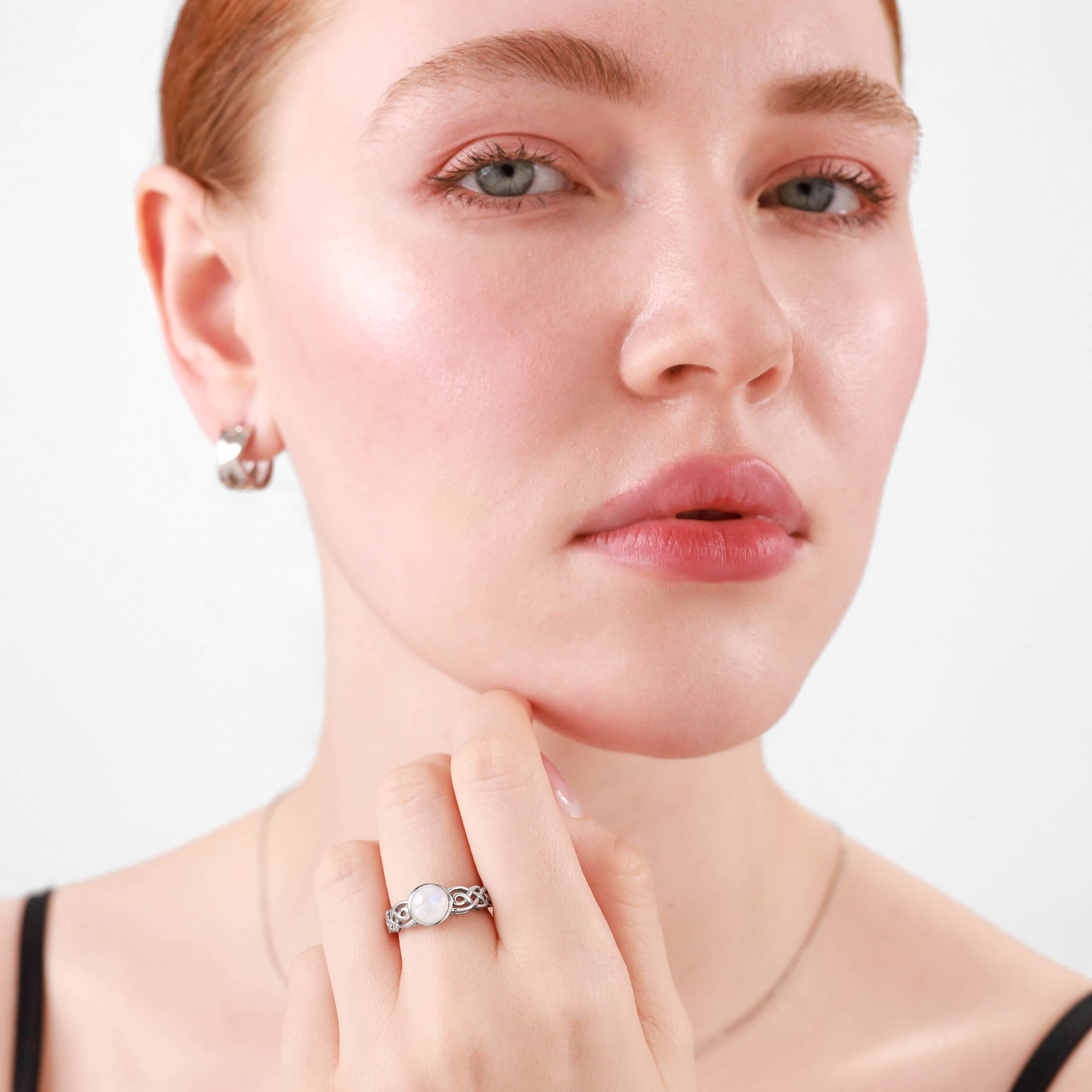 7mm Natural Round Shape Moonstone White Gold Plated 925 Sterling Silver Celtic Knot Solitaire Ring - Silvershake-store
