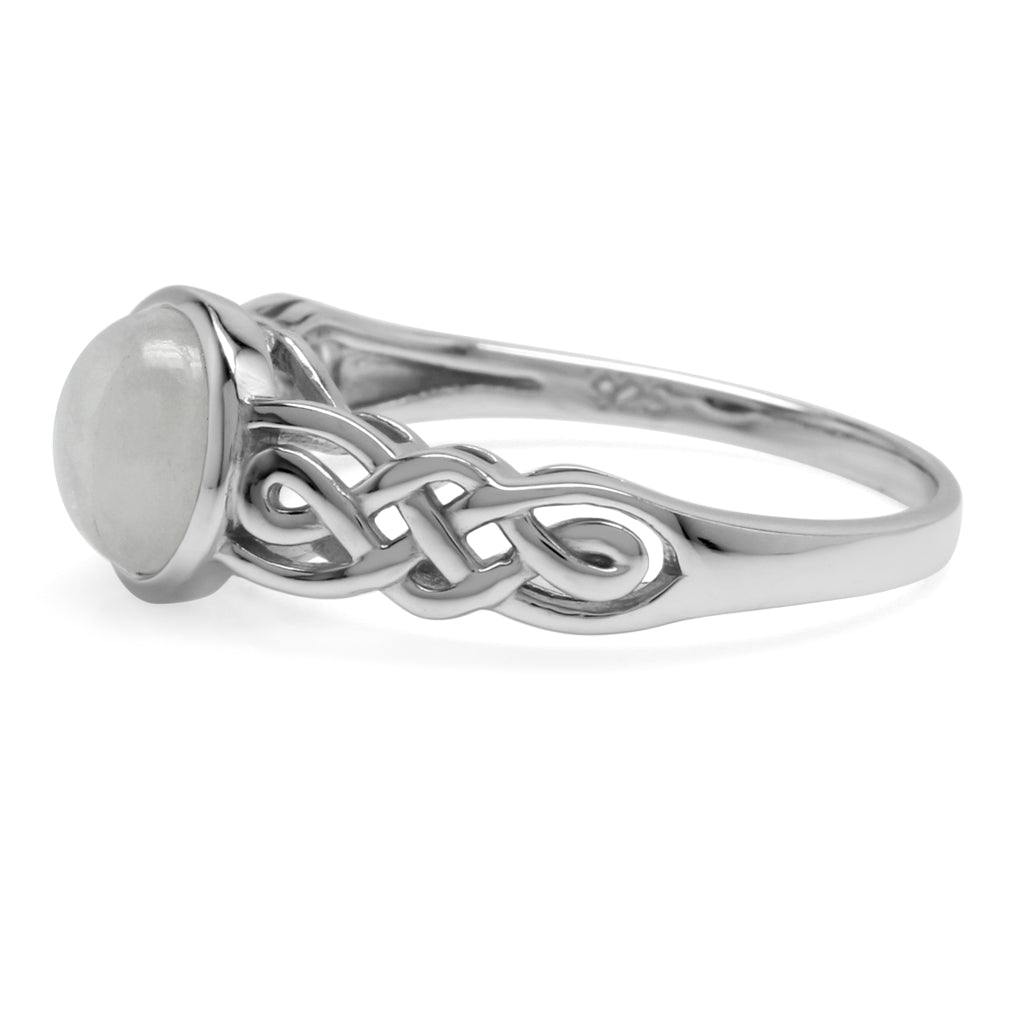 7mm Natural Round Shape Moonstone White Gold Plated 925 Sterling Silver Celtic Knot Solitaire Ring - Silvershake-store