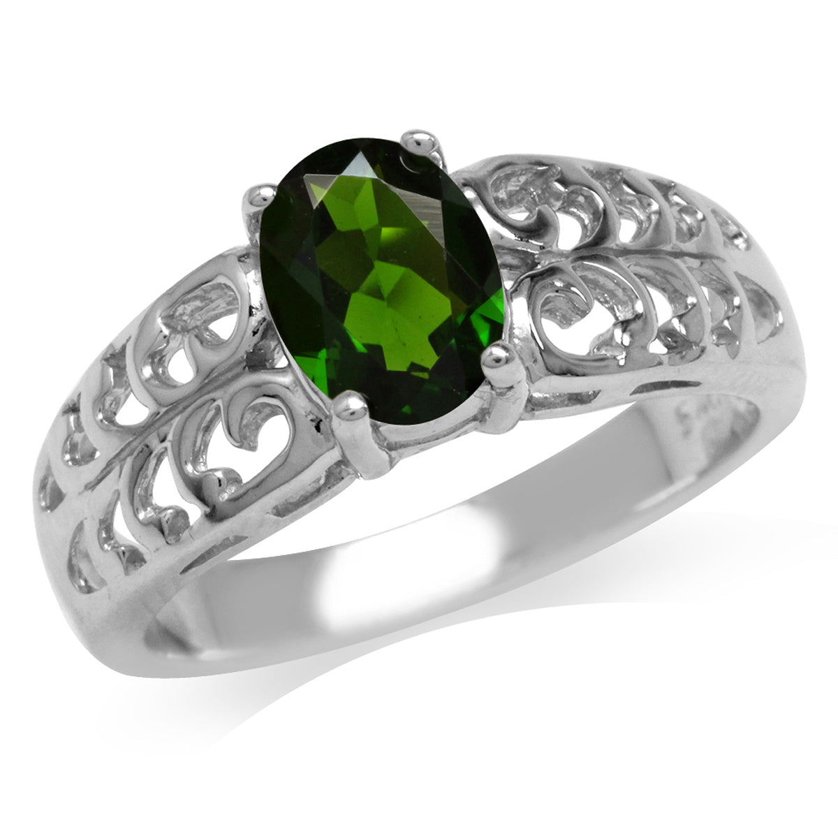 1.31ct. Green Chrome Diopside White Gold Plated 925 Sterling Silver Filigree Solitaire Ring silvershake
