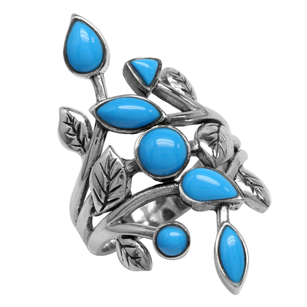 Created Blue Turquoise 925 Sterling Silver Leaf Vintage Style Ring - Silvershake-store