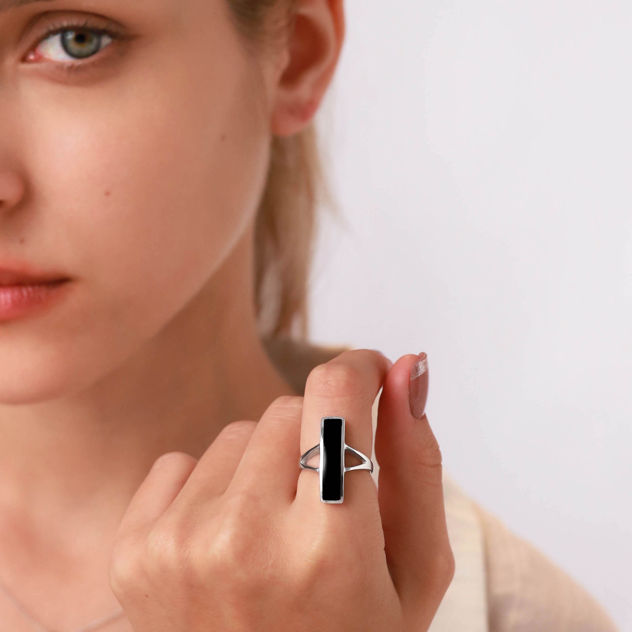 Long Created Black Onyx Stone Inlay White Gold Plated 925 Sterling Silver Modern Style Ring Jewelry for Women - Silvershake-store
