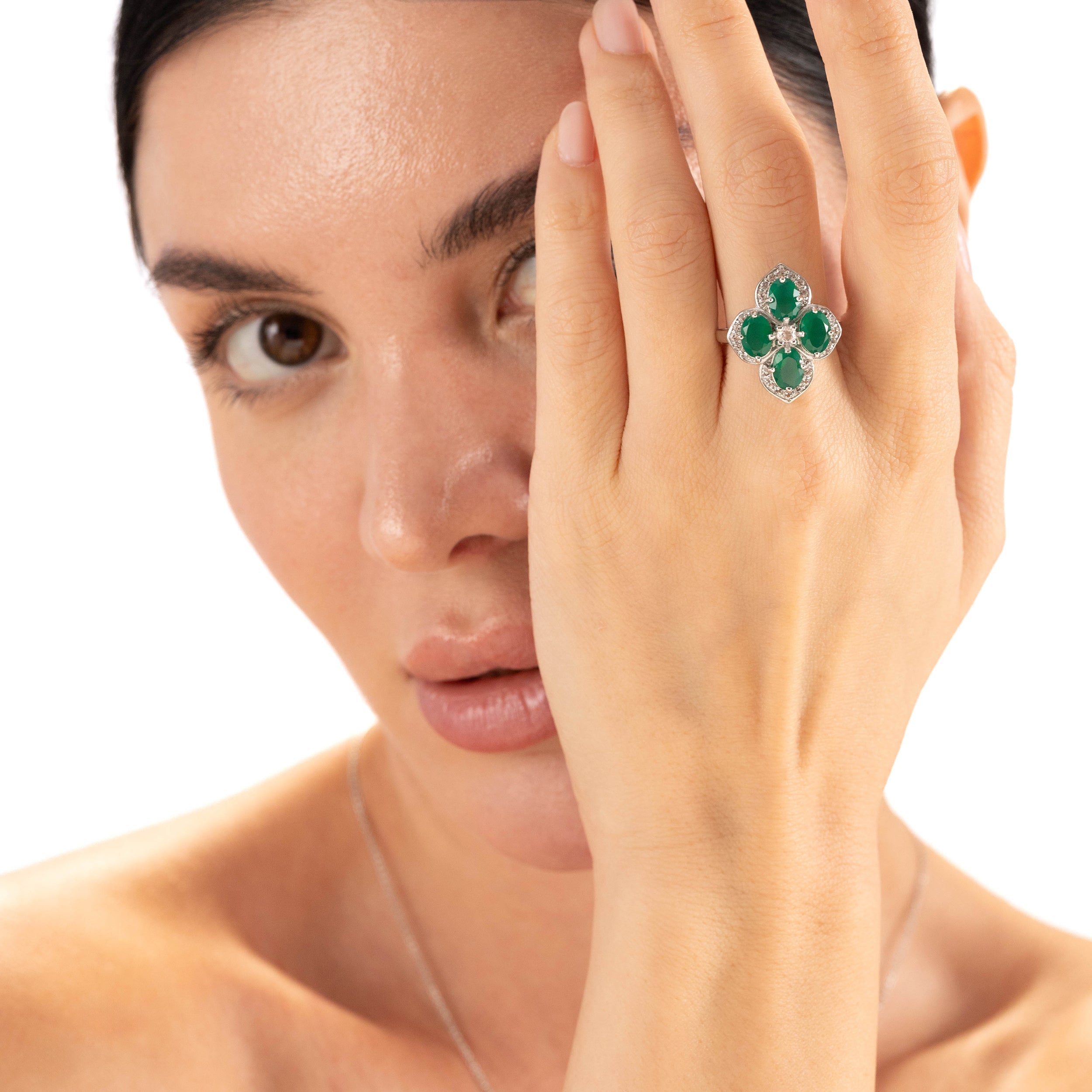 3ct. Natural Emerald Green Agate and White Topaz Gold Plated 925 Sterling Silver Flower Cluster Ring - Silvershake-store