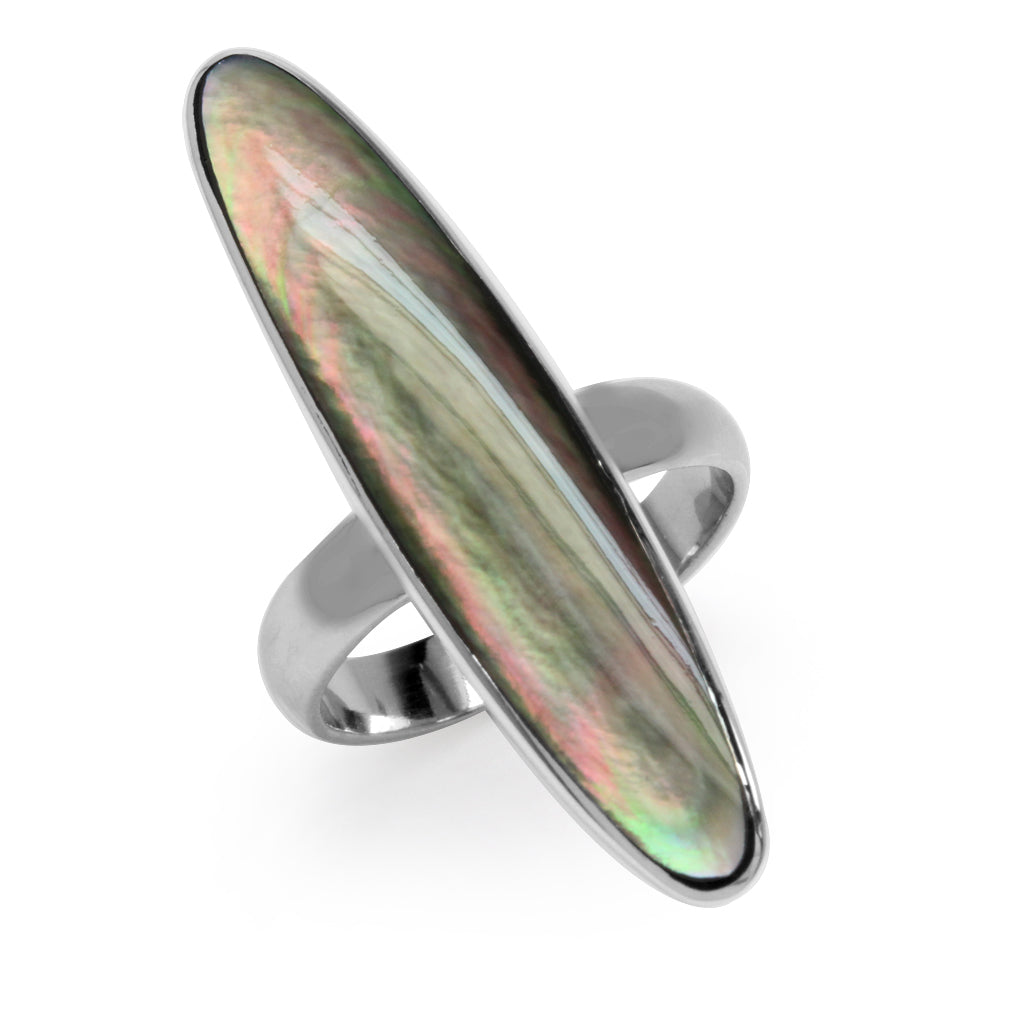 Long Black Mother of Pearl White Gold Plated 925 Sterling Silver Ring - Silvershake-store