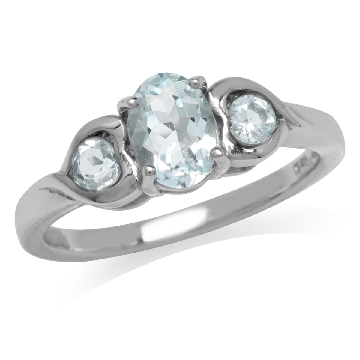 3-Stone Genuine Blue Aquamarine White Gold Plated 925 Sterling Silver Engagement Heart Ring silvershake