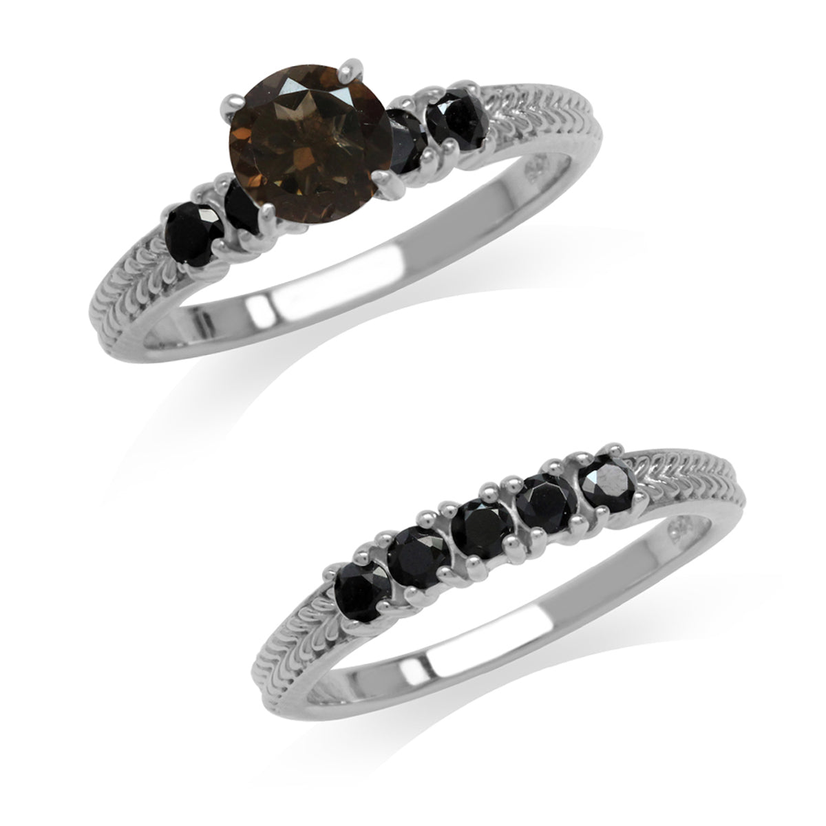 1.36ct. Natural Smoky Quartz & Black Spinel 925 Sterling Silver 2-Pc Set Stack/Stackable Ring silvershake
