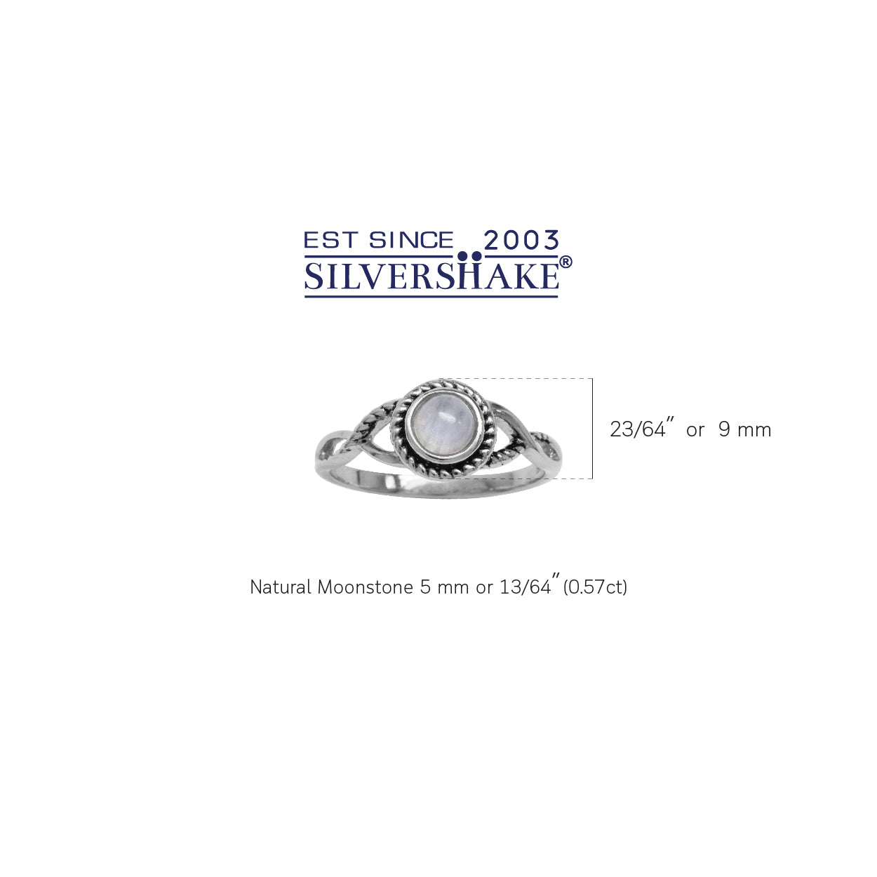 5mm Natural Round Shape Moonstone 925 Sterling Silver Rope Solitaire Ring - Silvershake-store