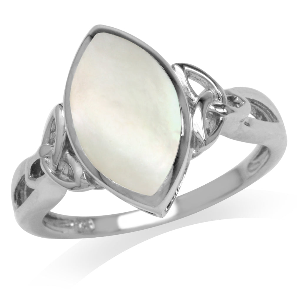 Mother of Pearl White Gold Plated 925 Sterling Silver Triquetra Celtic Knot Ring - Silvershake-store