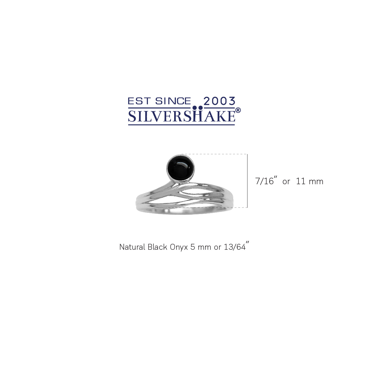 5MM Created Round Shape Black Onyx 925 Sterling Silver Minimalist Modern Wavy Ring