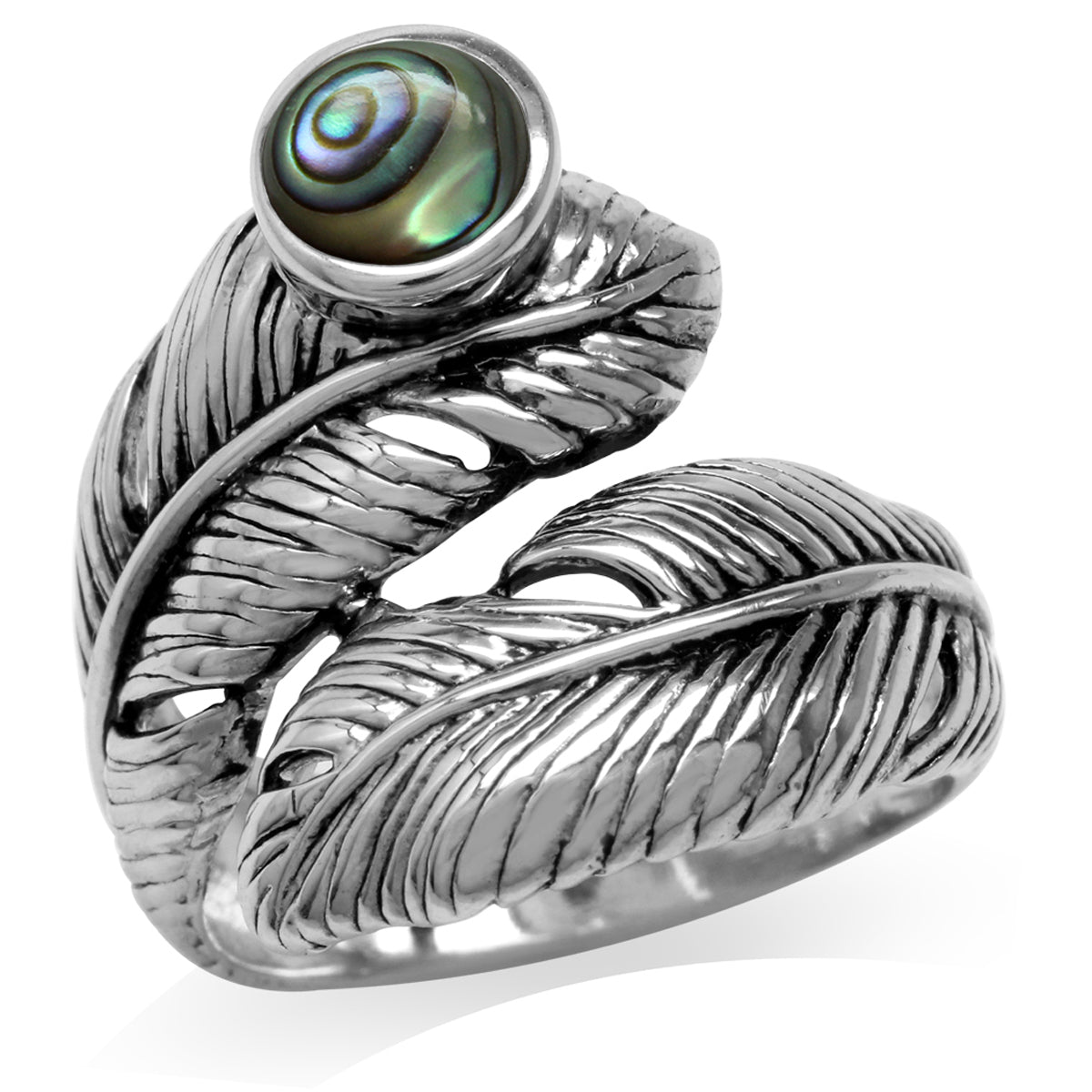 Abalone/Paua Shell 925 Sterling Silver Bypass Feather Ring silvershake