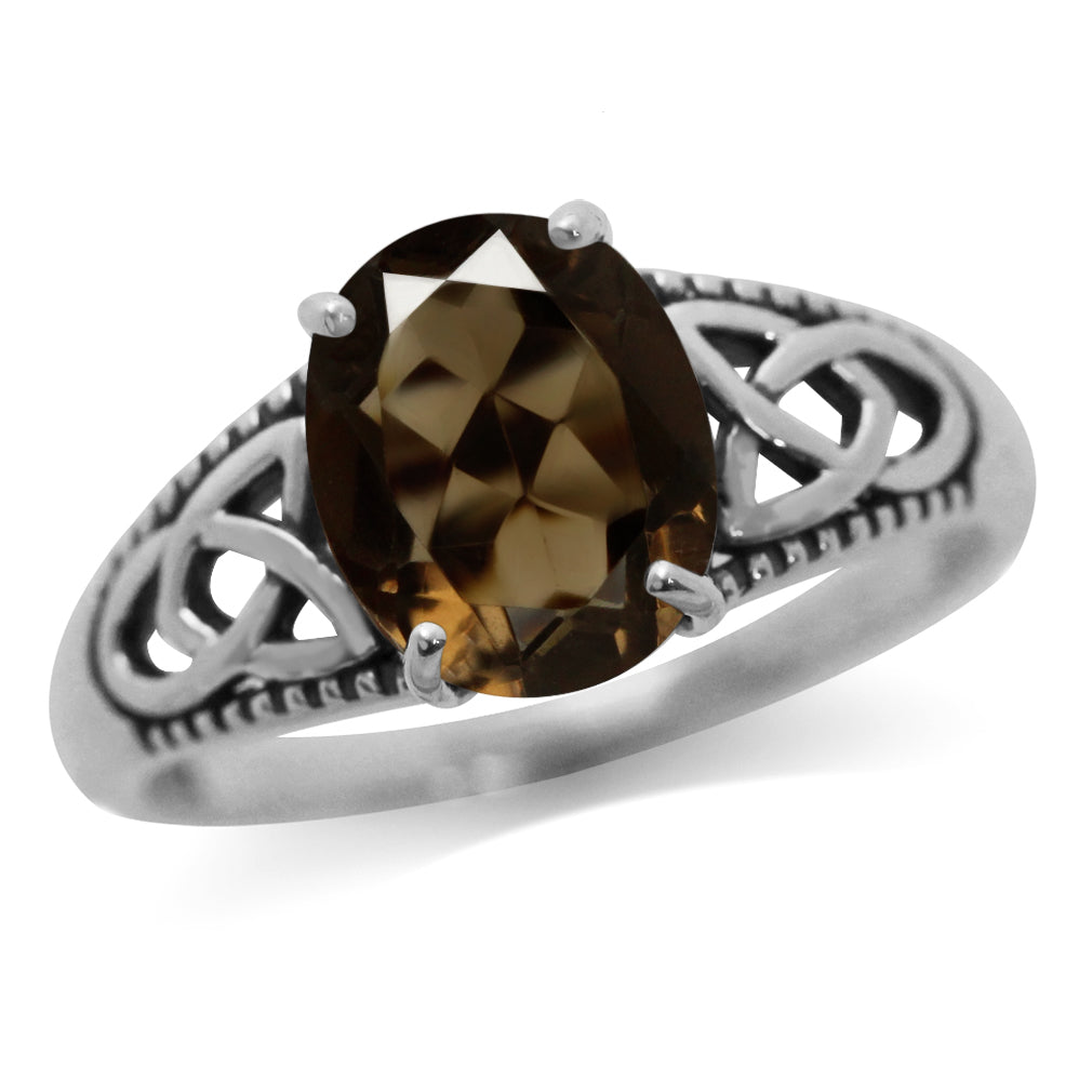 2.52ct. Natural Smoky Quartz 925 Sterling Silver Triquetra Celtic Knot Ring - Silvershake-store