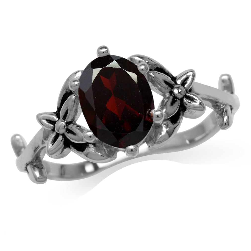1.45 CTW 8X6mm Natural Oval Shape Red Garnet 925 Sterling Silver Flower and Leaf Vintage Inspired Solitaire Ring January Gemstone Birthston - Silvershake-store