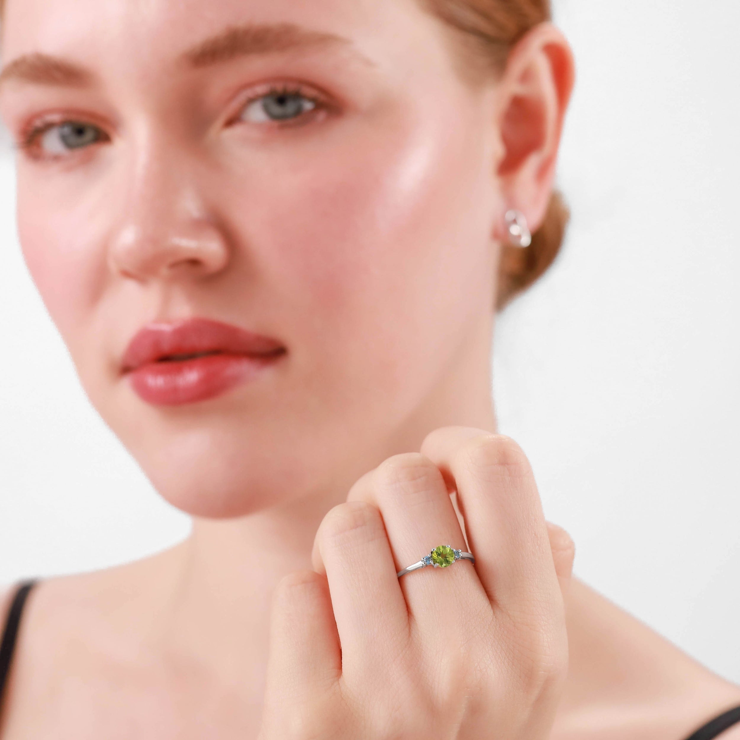 Petite Natural Peridot and Swiss Blue Topaz White Gold Plated 925 Sterling Silver Ring - Silvershake-store