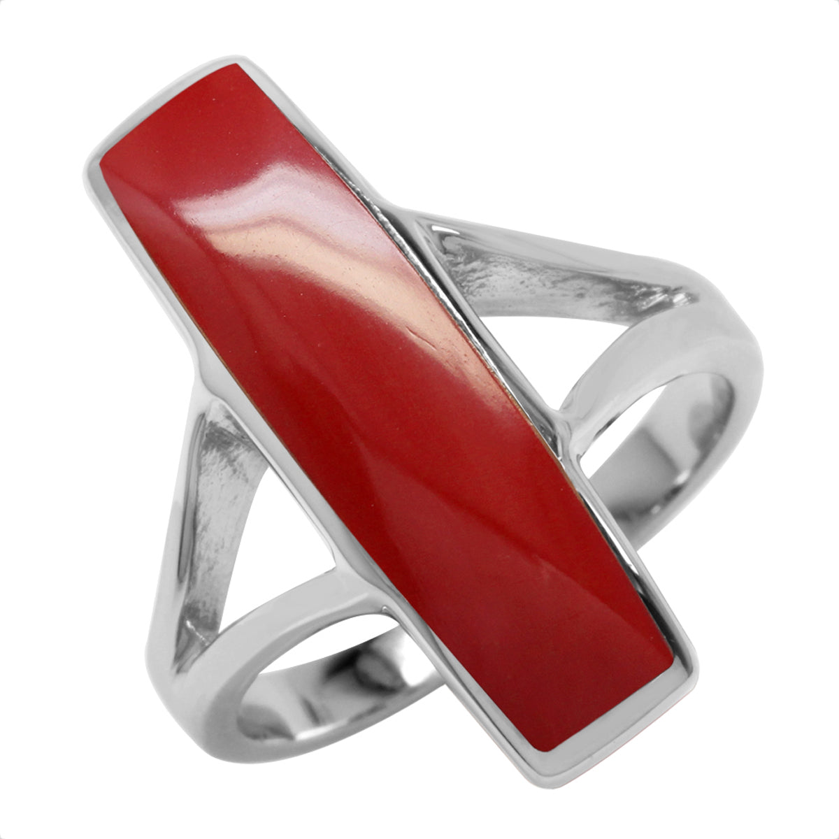 Long Created Red Coral White Gold Plated 925 Sterling Silver Ring - Silvershake-store