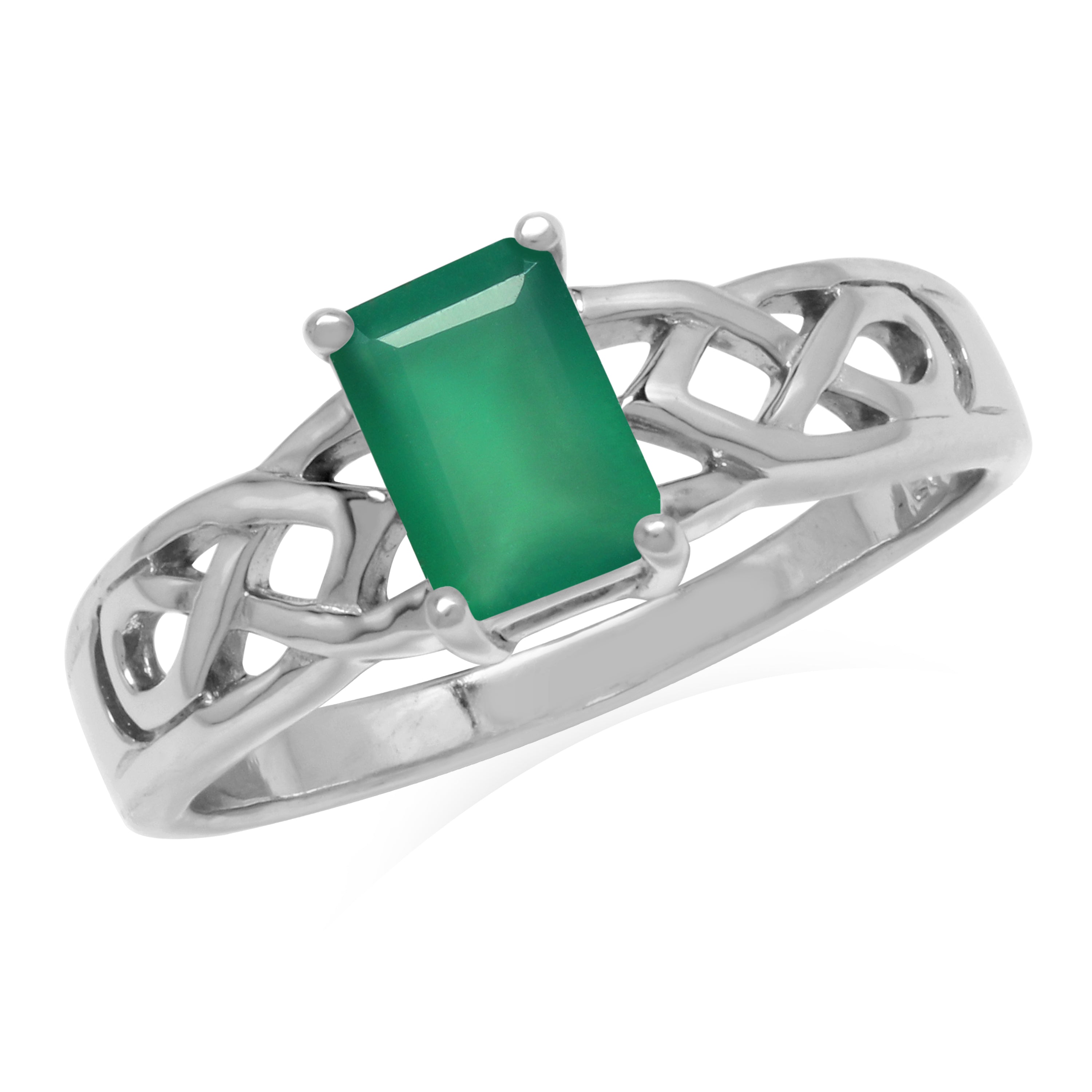 7X5mm Natural Octagon Shape Emerald Green Agate 925 Sterling Silver Celtic Knot Solitaire Ring - Silvershake-store