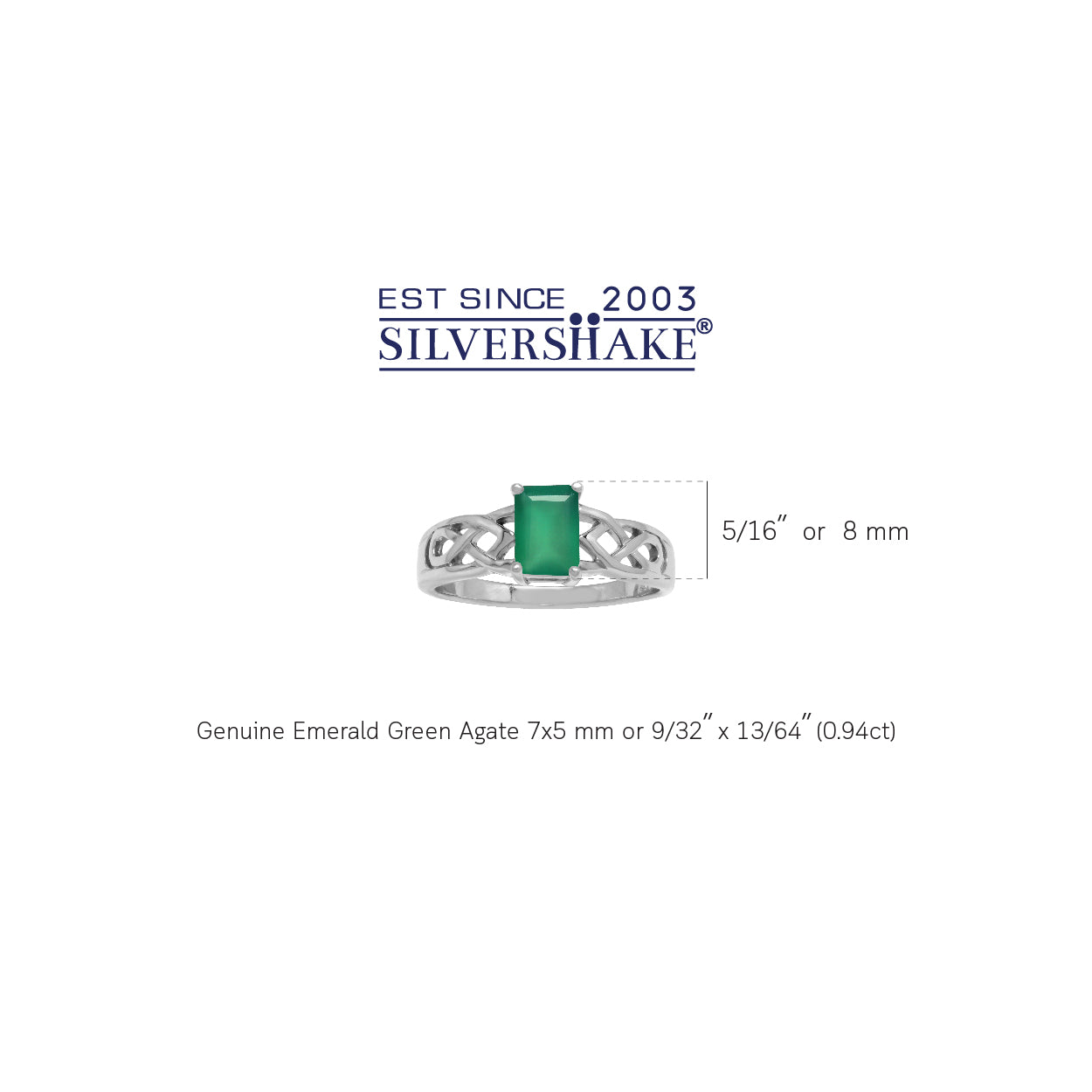 7X5mm Natural Octagon Shape Emerald Green Agate 925 Sterling Silver Celtic Knot Solitaire Ring - Silvershake-store