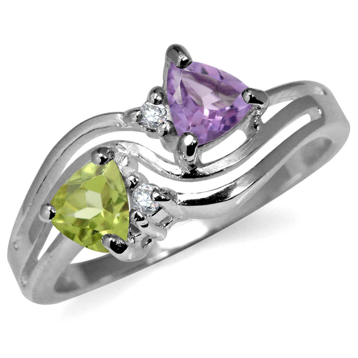 Natural Amethyst, Peridot & White Topaz 925 Sterling Silver 3-Line Ring silvershake