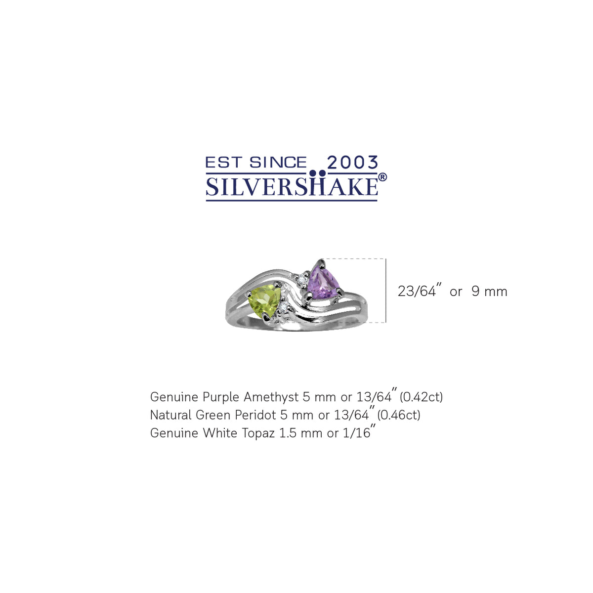 Natural Amethyst, Peridot & White Topaz 925 Sterling Silver 3-Line Ring silvershake