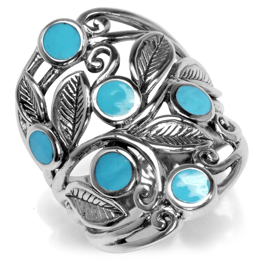 Created Blue Turquoise Inlay 925 Sterling Silver Filigree Leaf Ring - Silvershake-store