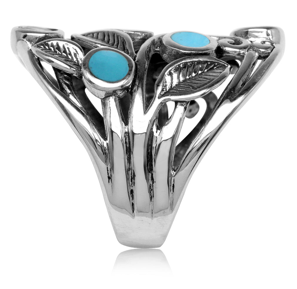 Created Blue Turquoise Inlay 925 Sterling Silver Filigree Leaf Ring - Silvershake-store