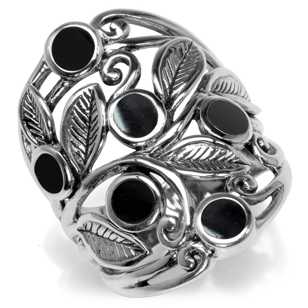 Created Black Onyx Inlay 925 Sterling Silver Filigree Leaf Ring - Silvershake-store
