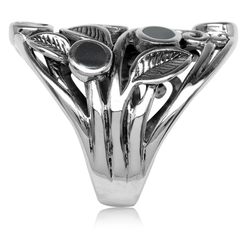 Created Black Onyx Inlay 925 Sterling Silver Filigree Leaf Ring - Silvershake-store