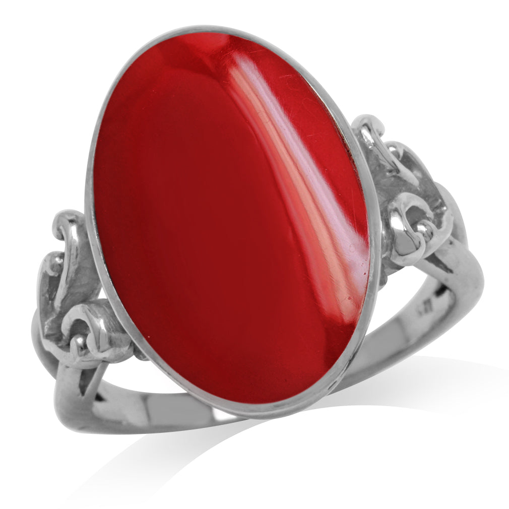 Oval Shape Created Red Coral Inlay 925 Sterling Silver Victorian Style Heart Knot Ring - Silvershake-store
