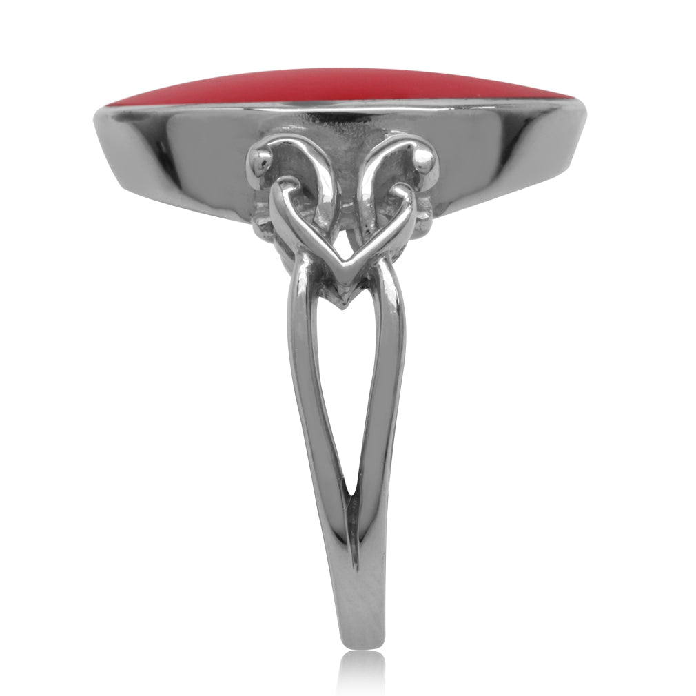 Oval Shape Created Red Coral Inlay 925 Sterling Silver Victorian Style Heart Knot Ring - Silvershake-store