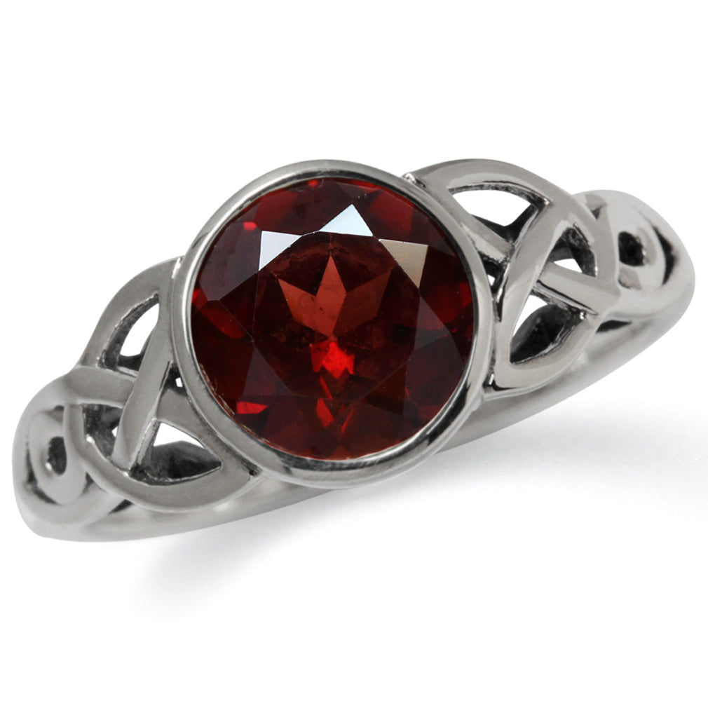 2.14ct. 8mm Natural Round Shape Garnet 925 Sterling Silver Triquetra Celtic Knot Solitaire Ring - Silvershake-store
